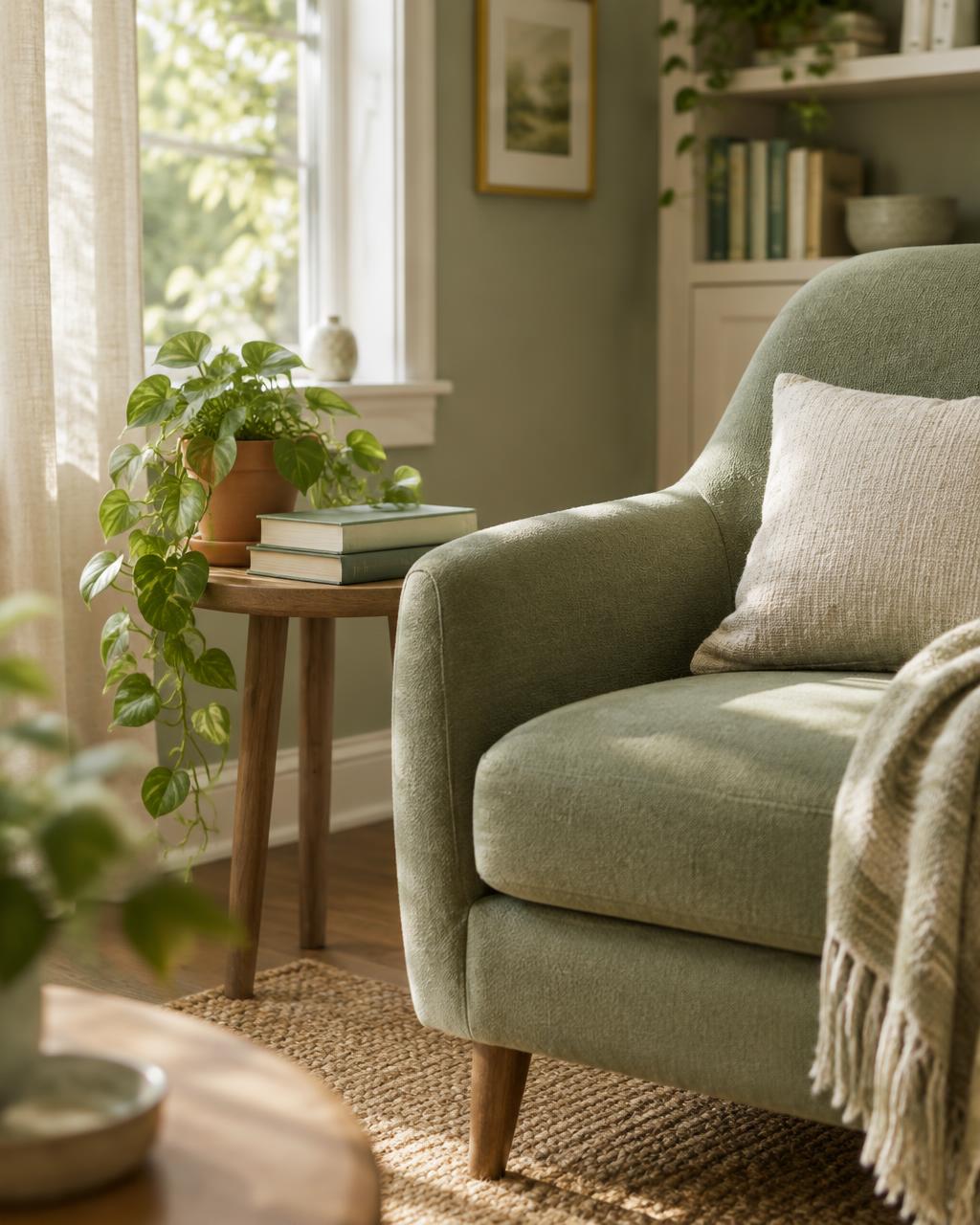 Rincón del consultorio con planta, libros y un sillón verde